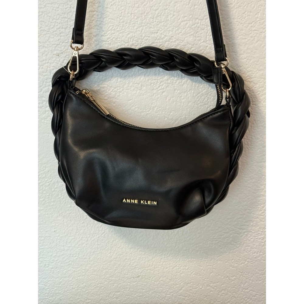 Anne Klein Black Faux Leather Braided Handle Crossbody Shoulder Bag Gold Tone